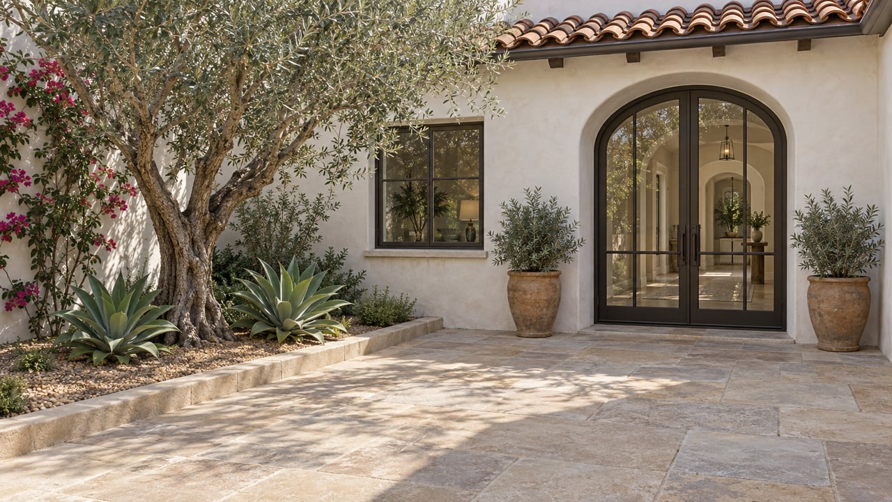 Warm-white stucco home with a glazed arched entry, weathered sandstone courtyard, an olive tree and sculptural agaves.