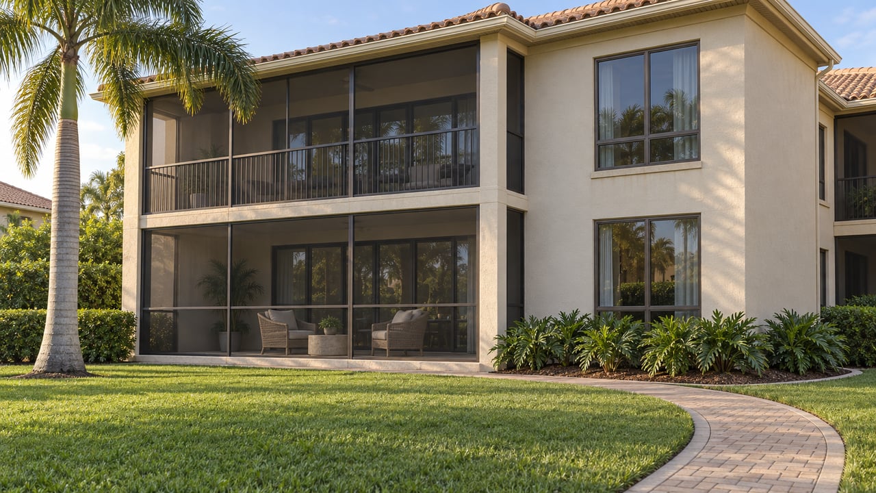 Ivory stucco condominium with stacked screened lanais, pale tile roof, and a curved garden walk beside a mature royal palm.