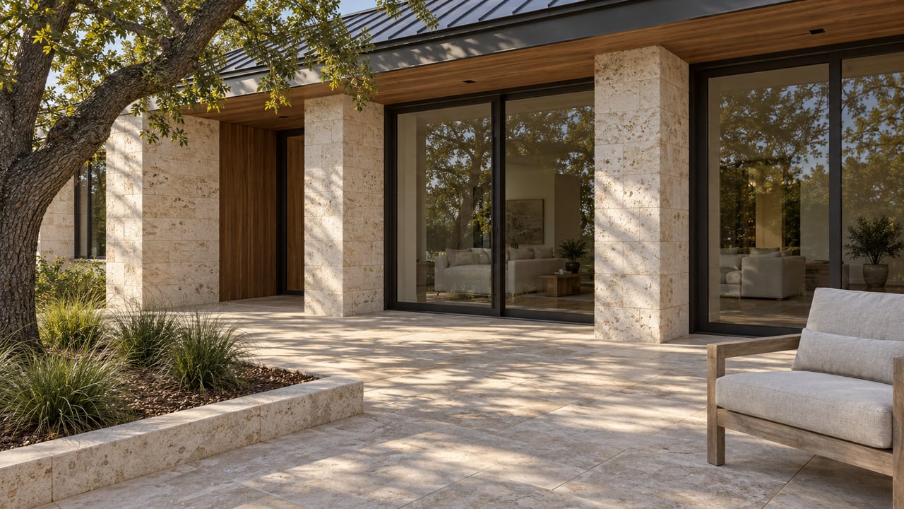 Limestone home with bronze-framed glass doors, a cedar-lined eave and a teak chair on a broad stone terrace beside a mature live oak.