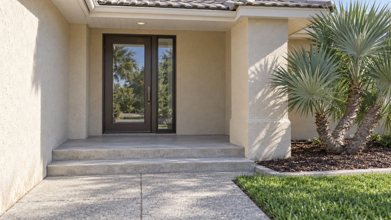 A sheltered stucco home entrance with bronze-framed glass, concrete steps, and a sculptural silver palmetto beside the walk.