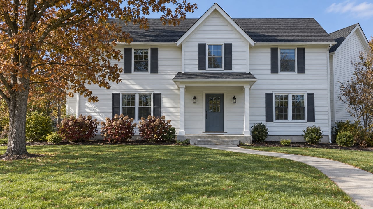 White gabled house with a blue-gray front door, shallow porch, deep lawn, and oakleaf hydrangeas in autumn light.