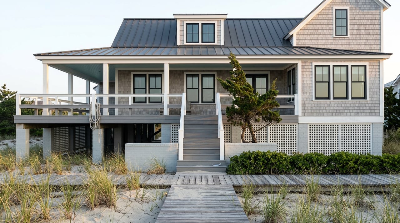Elevated shingle-sided coastal home with wraparound deck, behind beachgrass and a weathered boardwalk.