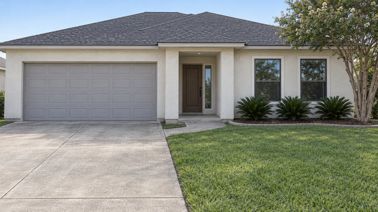 Light stucco house with a gray garage door, recessed entry, concrete driveway, and deep green front lawn in late-morning light.