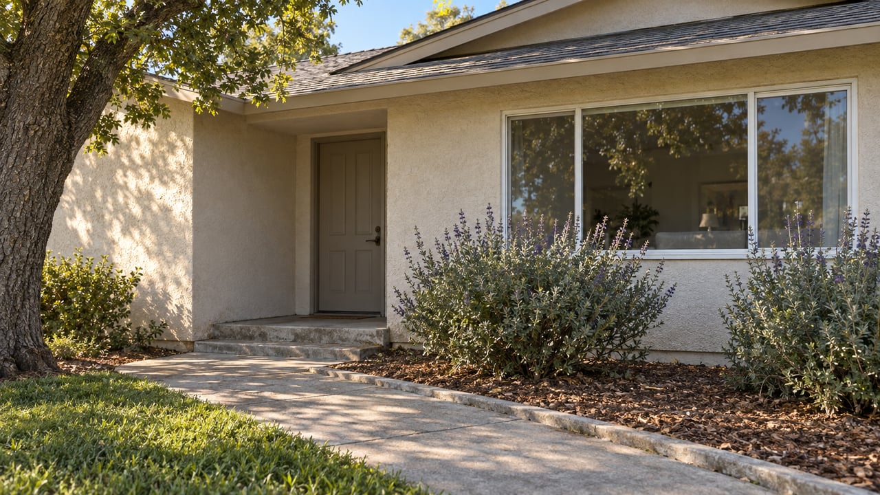 Off-white stucco home with a recessed taupe front door, wide window, concrete approach and silver-green sage shrubs in afternoon light.