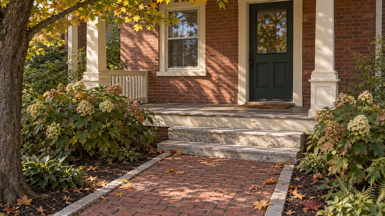 Brick entry with a dark green door, limestone steps, and maple leaves scattered along the walk.