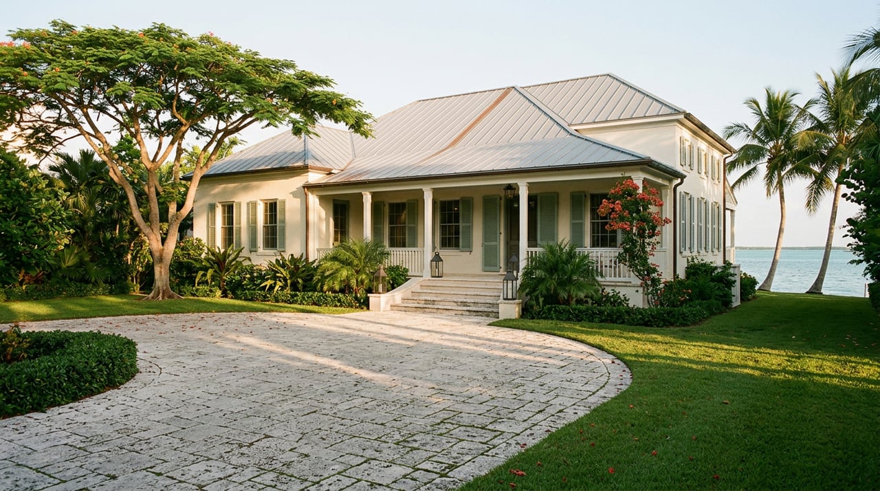 Two-story ivory stucco coastal estate with a shaded veranda, shell-stone motor court, poinciana tree, and distant water.