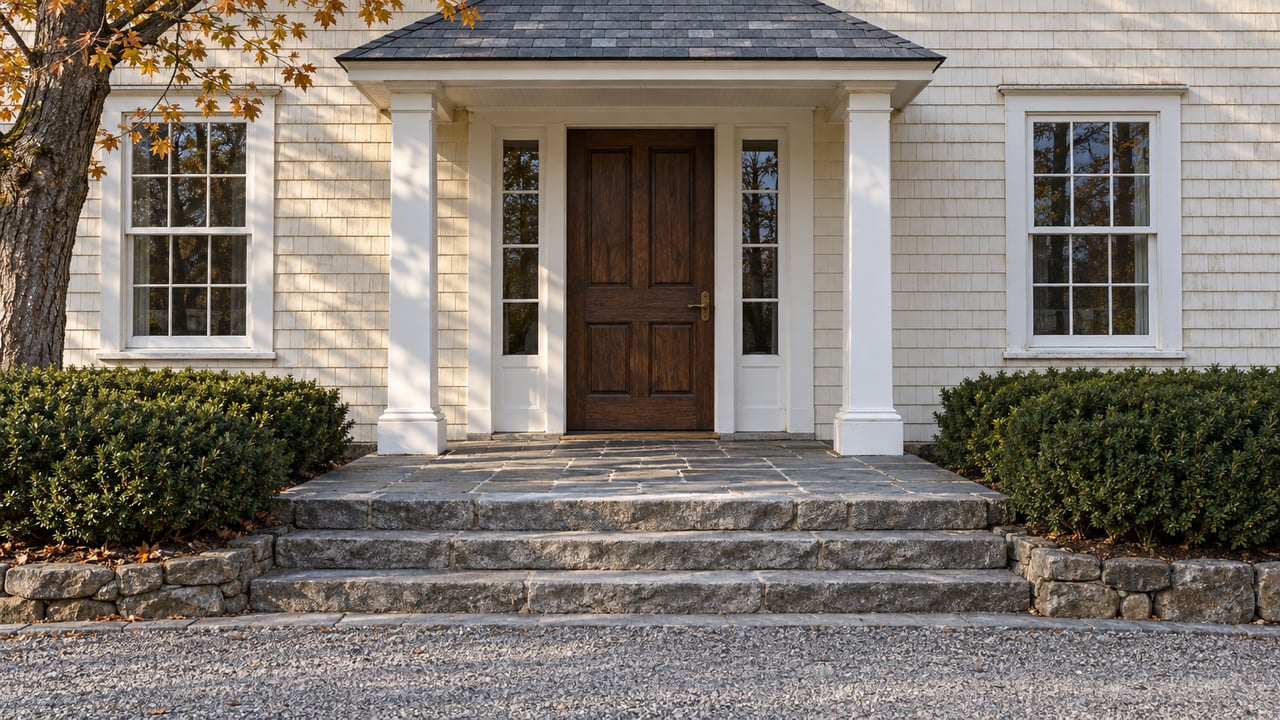 Cream-shingled house entrance with an oak door, white columns, worn stone steps and amber maple leaves.
