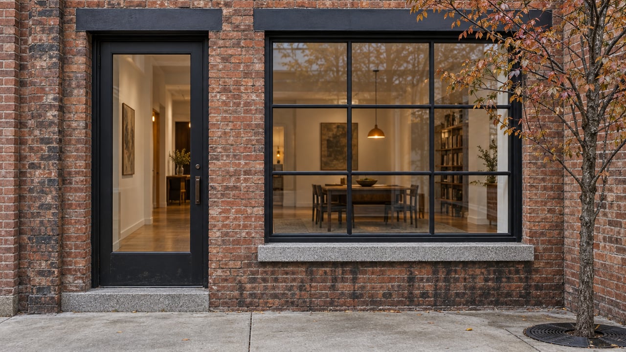 Repurposed brick workshop frontage with a black-framed glass door, broad window, and small tree in a sidewalk well.