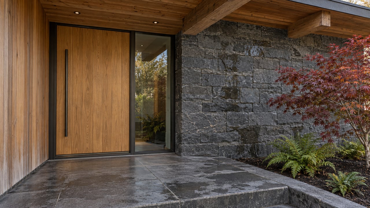 Covered residential entrance with cedar cladding, a closed oak door, bronze-framed sidelight, basalt paving and an autumn Japanese maple.