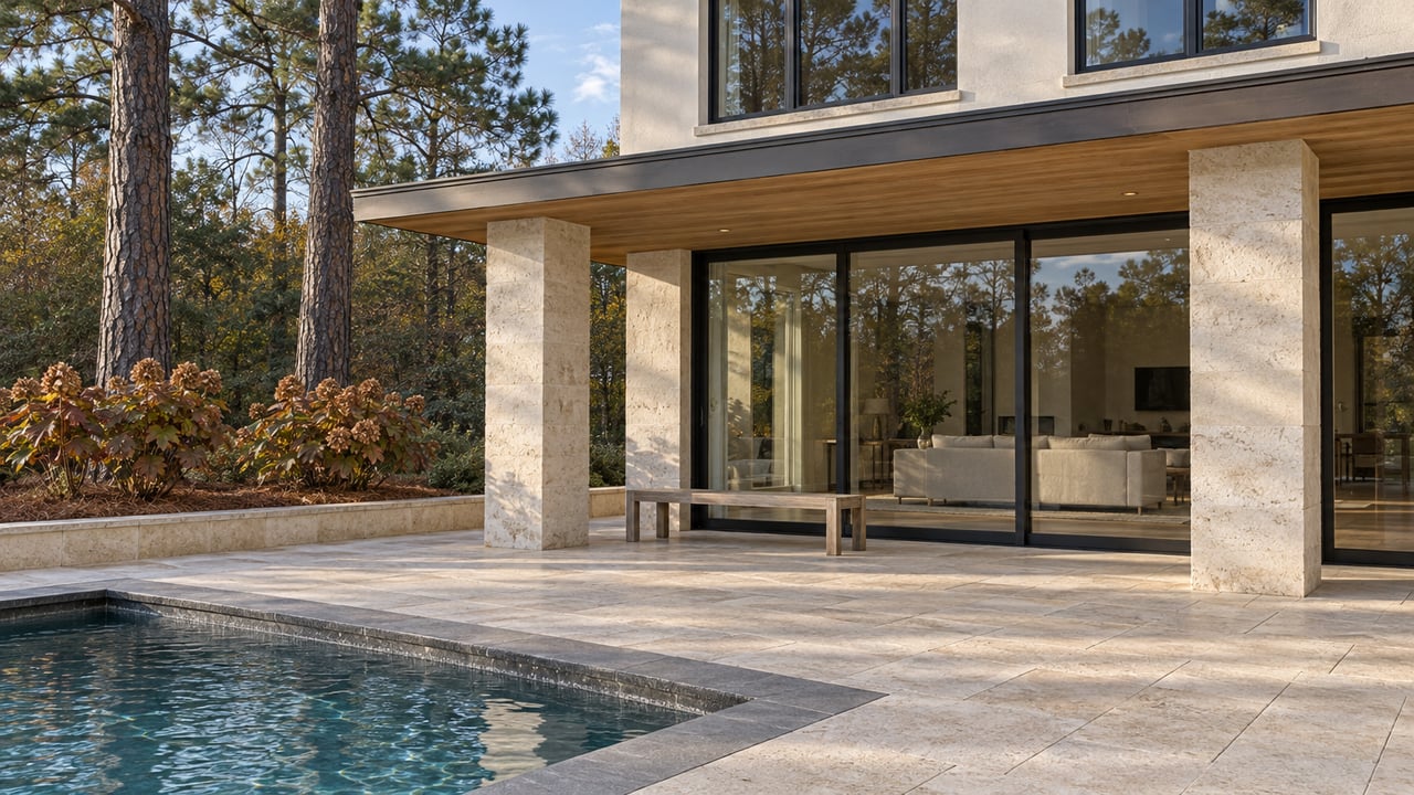 Limestone terrace and pool beside a contemporary home with black-framed glass doors and mature pine trees.