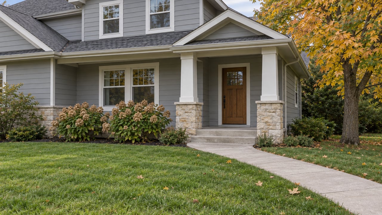 An established gray-sided home with a covered stone-pier porch, a deep front lawn and an autumn sugar maple.