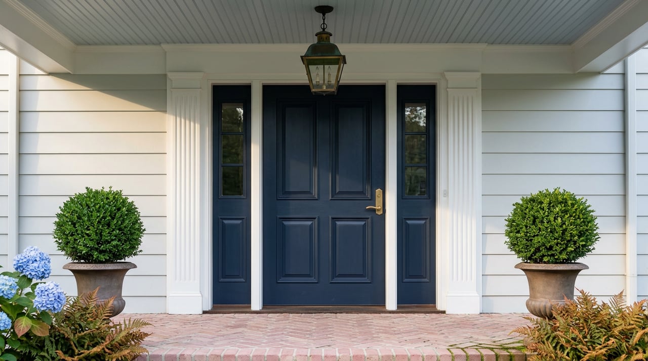 Navy paneled front door with brass handle, white pilasters, and urns of clipped boxwood.