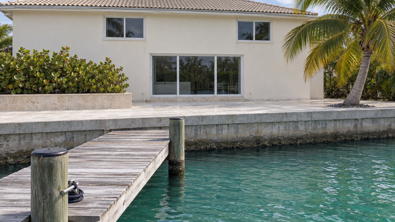 Canalfront house with a timber dock, stone terrace, raised planting bed, and curved palm tree.