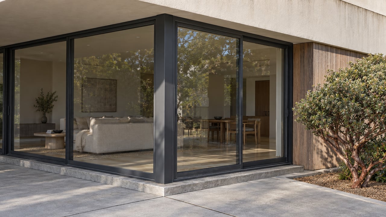 Close view of a cream-stucco home's covered terrace with dark-framed glass doors, cedar cladding, stone threshold and a sculptural manzanita.