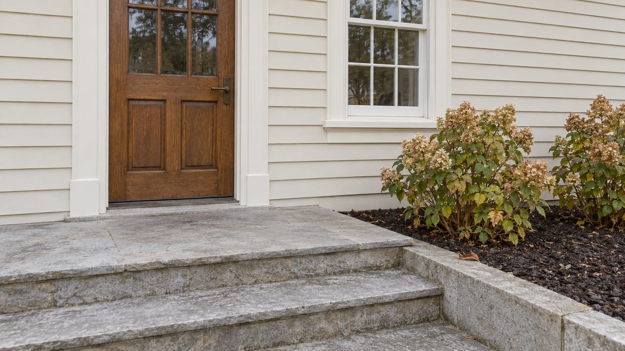 An oak entry door and white divided-light window above weathered limestone steps, beside two hydrangeas with autumn flower heads.