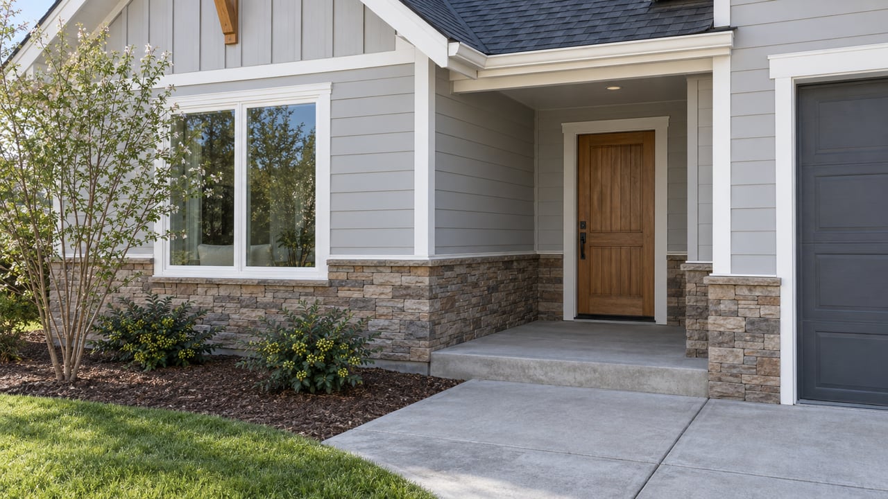 Modest gray-sided home with a recessed wood front door, stone porch base, and young multi-stem tree.