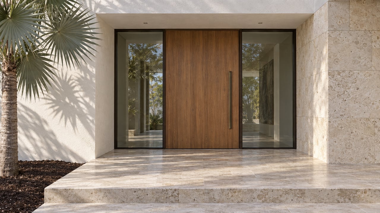 A sunlit modern residential entry with an oak pivot door, glass sidelights, pale limestone steps and a silver fan palm.