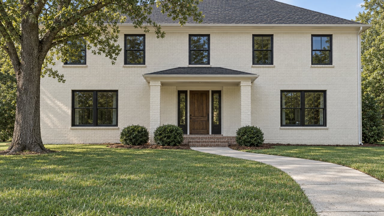 An ivory painted-brick two-story home with black-framed windows, a covered oak-door entry, a deep lawn and one mature oak tree.