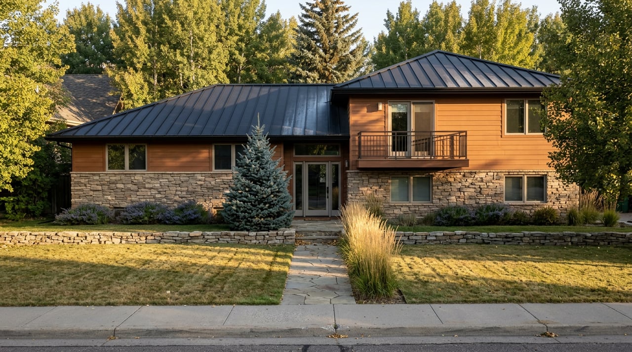 Paired villa duplex with stone and cedar-toned facade, covered balcony, spruce, and grasses beside a lawn.