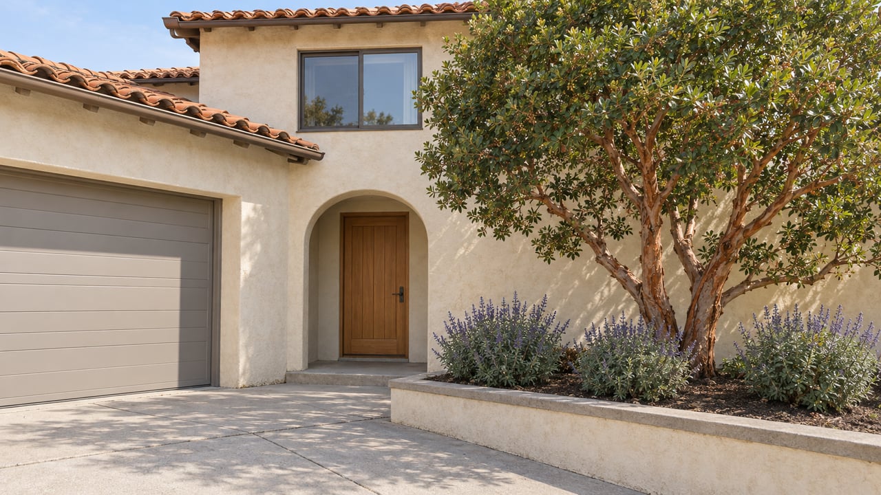 Close view of an ivory stucco home with terracotta roof tiles, an arched timber entry, bronze-framed window and a strawberry tree in a raised planter.
