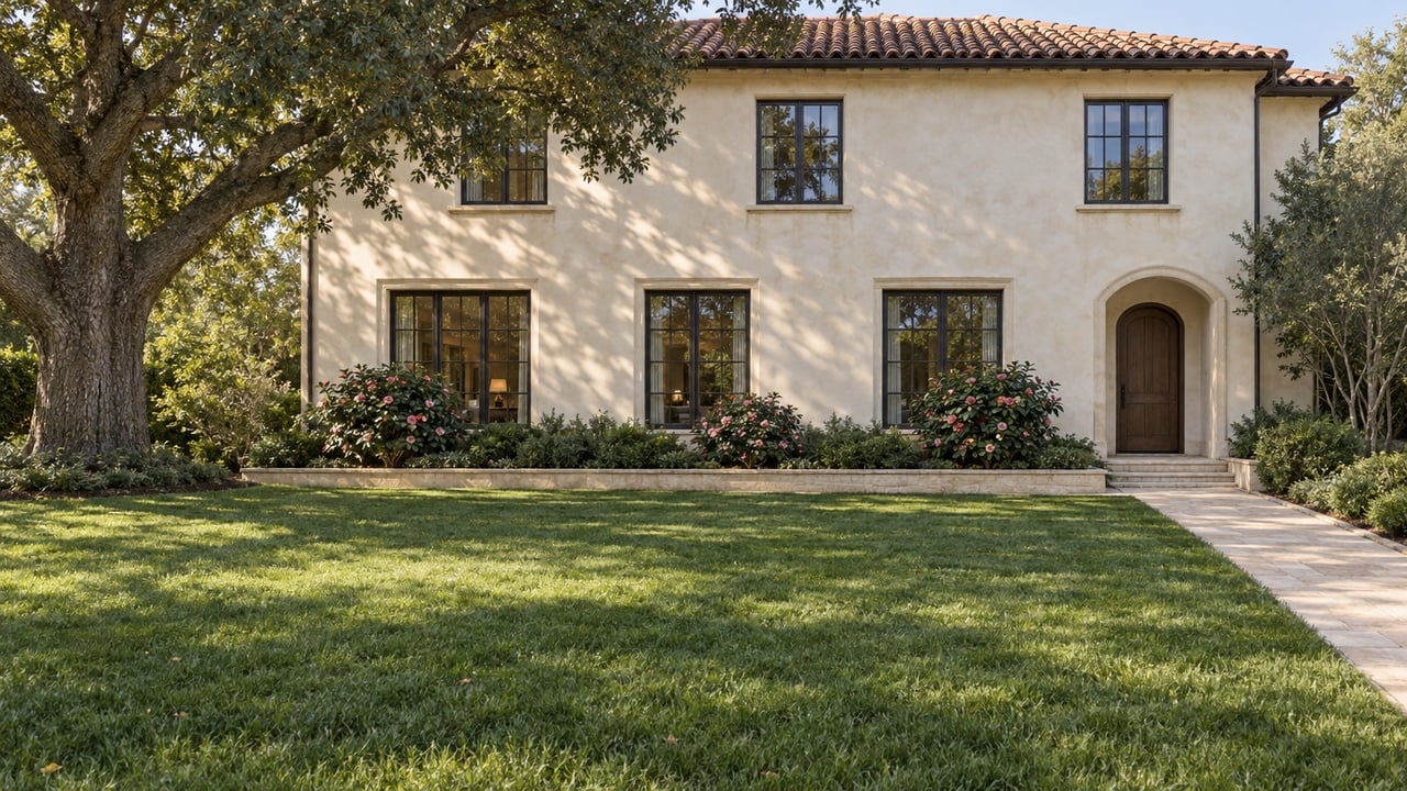 An ivory stucco home with a terracotta roof stands beyond a deep lawn, with a mature oak and a limestone entry walk.
