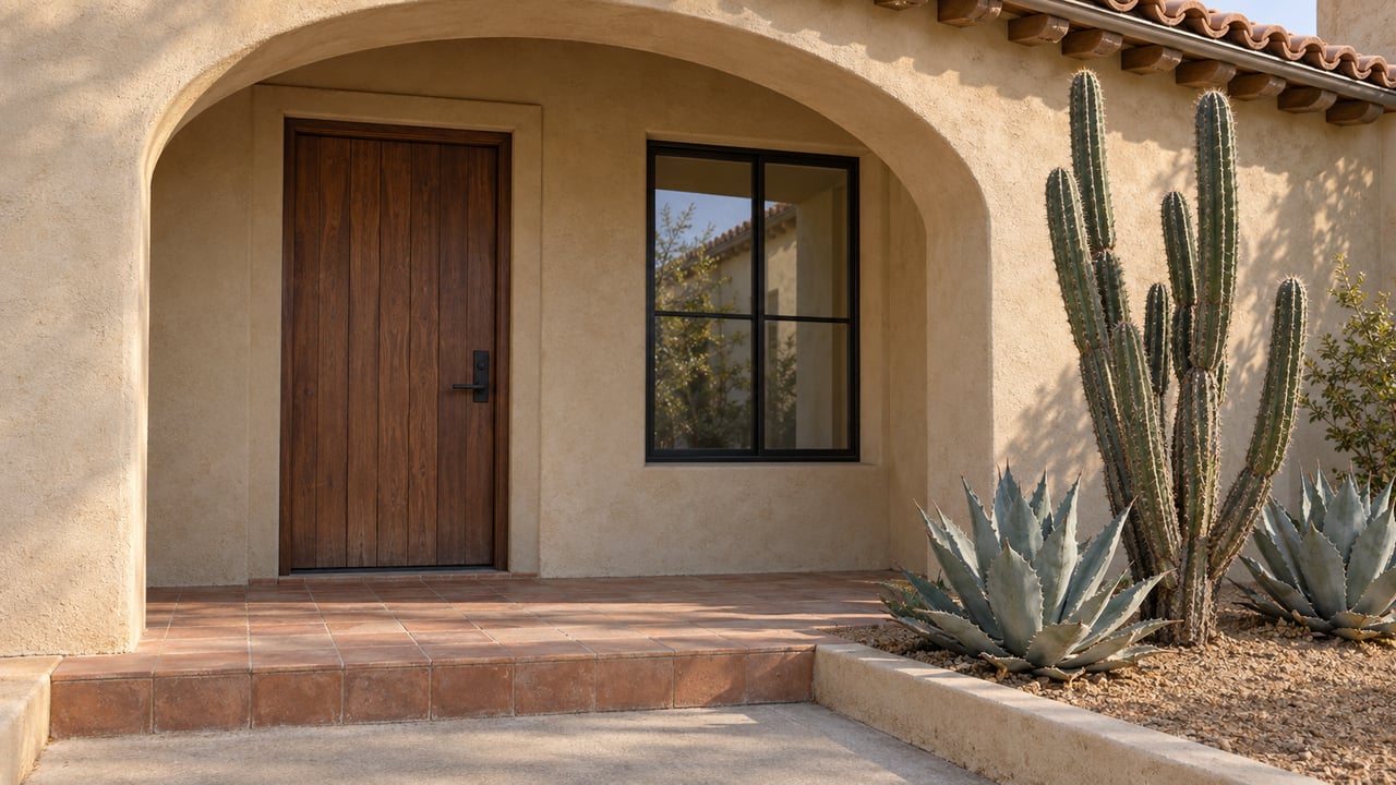Sunlit sand-colored stucco entry with a recessed wood door, clay tile roof, black-framed window and sculptural desert plants.