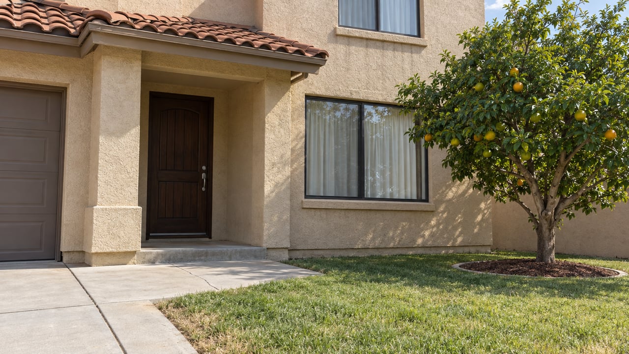 Tan stucco home with a tiled covered entry, dark-framed windows, a small lawn, and an orange tree beside the concrete front walk.