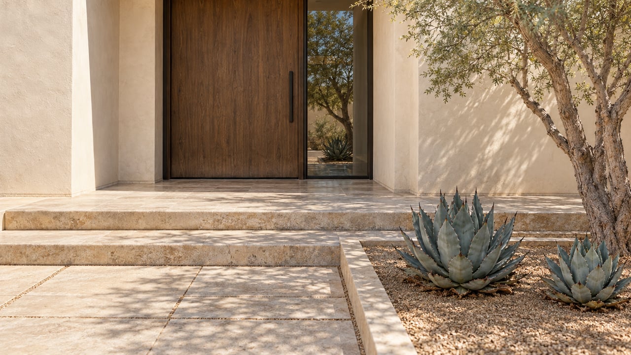 Elevated view of a warm stucco home's oak entry door, limestone steps and carefully placed blue agaves beside an ironwood tree.