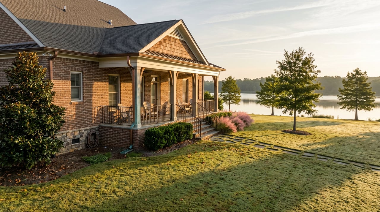 Brick-and-stone home with a covered porch beyond a dew-bright lawn, stepping-stone path, and calm water.