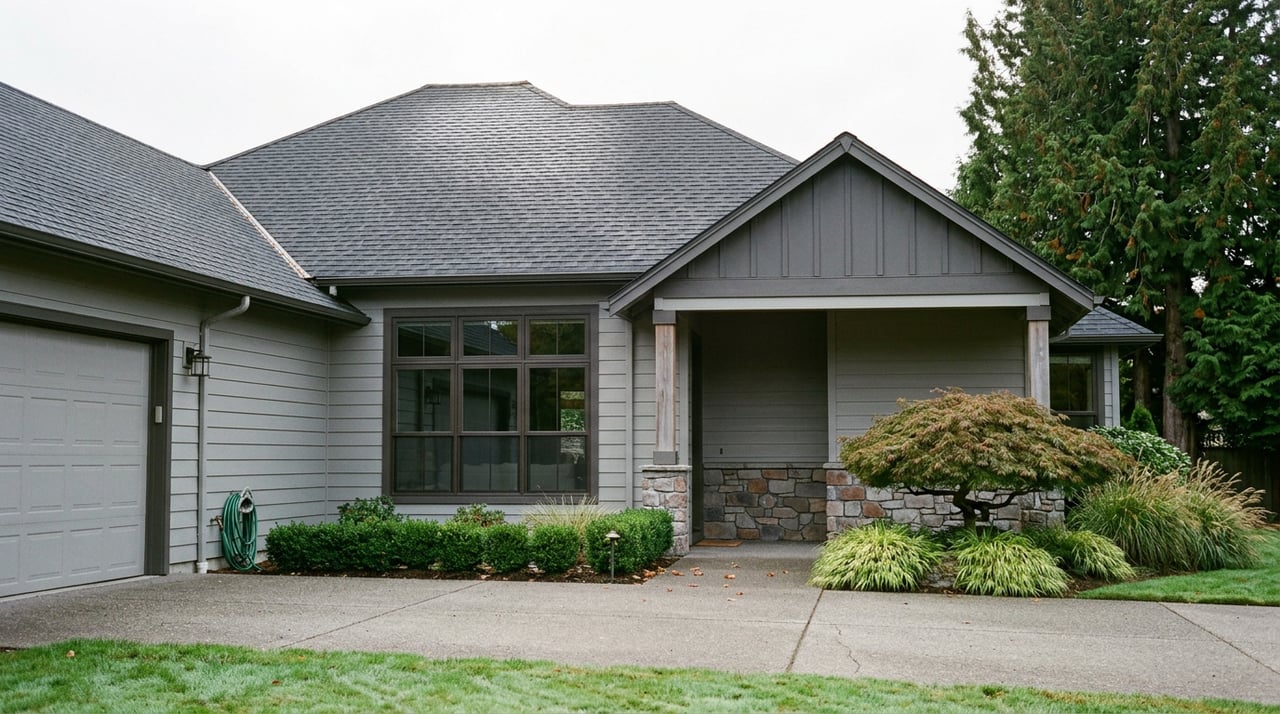 Contemporary craftsman home with grey siding, stone entry, three-car garage, Japanese maple, and tall conifer.