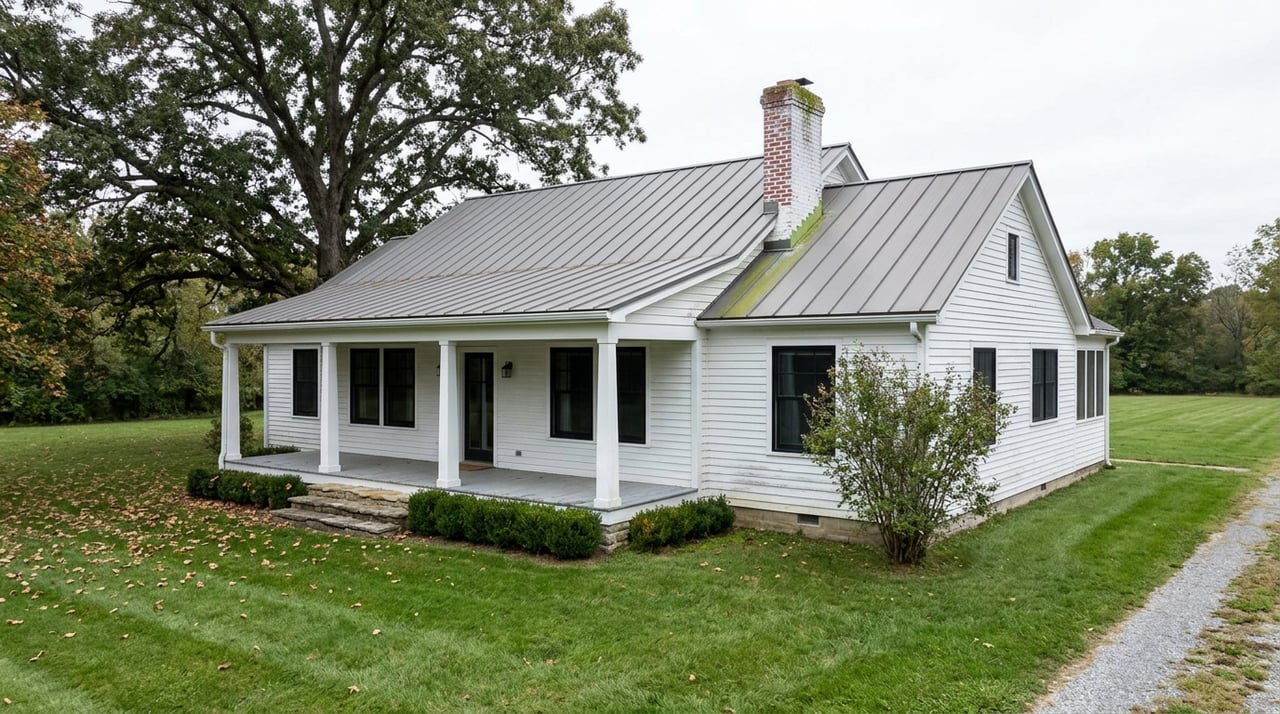 White clapboard farmhouse with a covered porch, deep lawn, and spreading oak on a spacious rural lot.