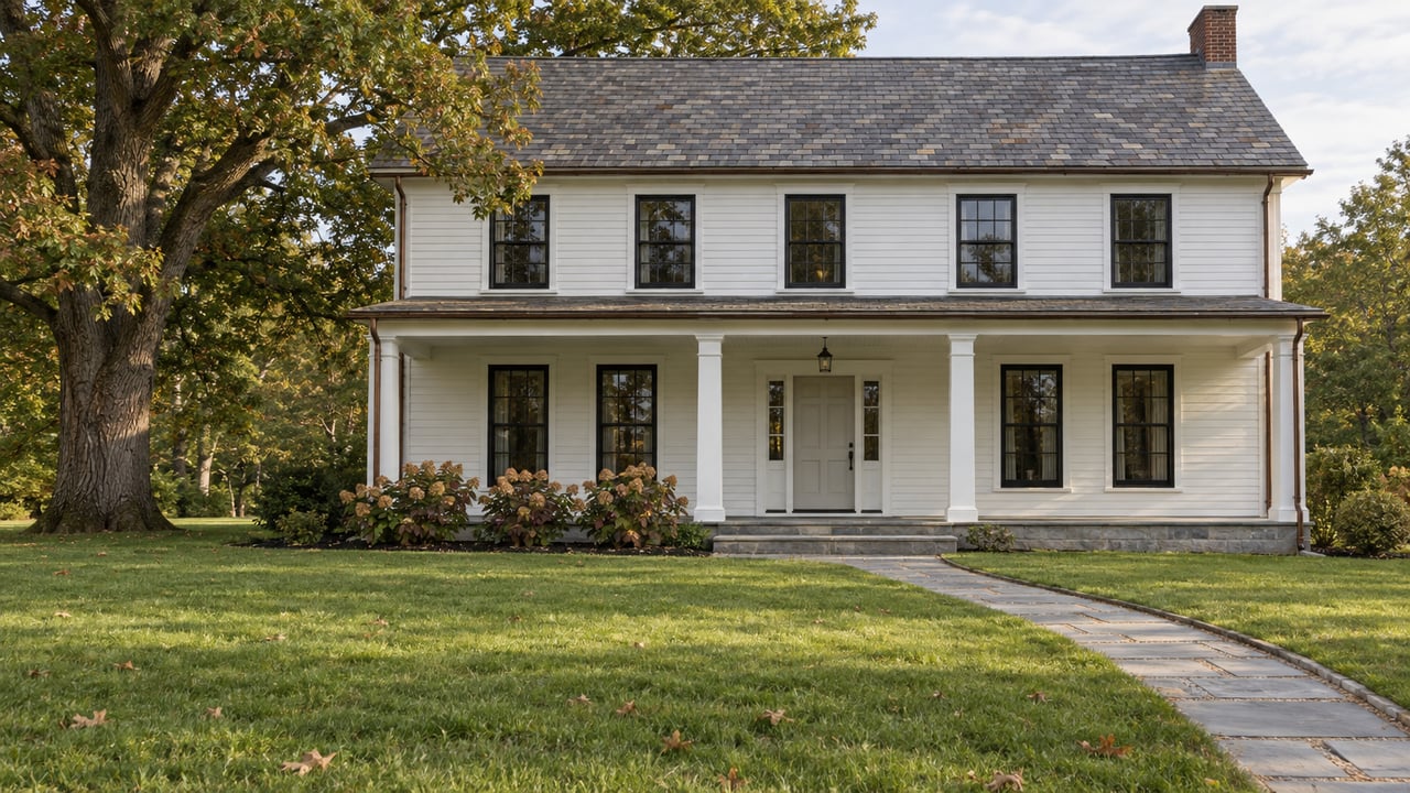 White clapboard home with a deep columned veranda beyond a broad lawn, a curved stone walk and a mature oak.