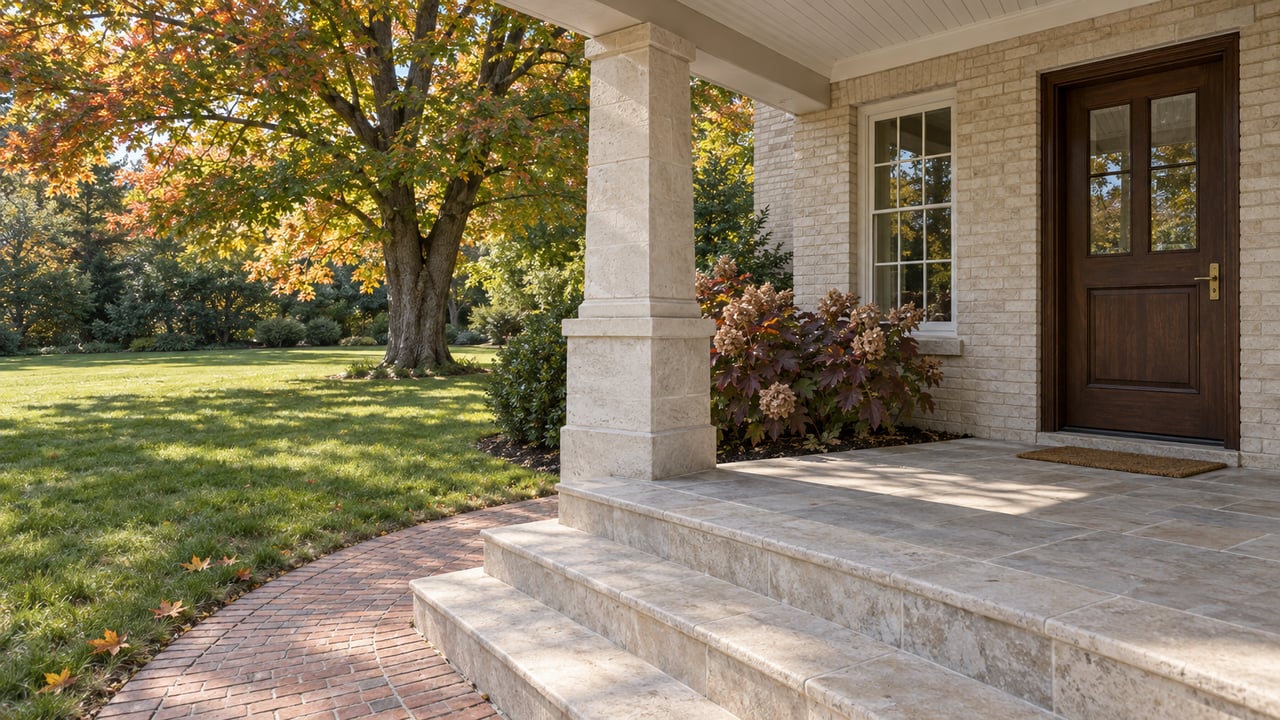 Light brick home with broad stone porch steps, a dark wood door, and autumn tree in the front yard.