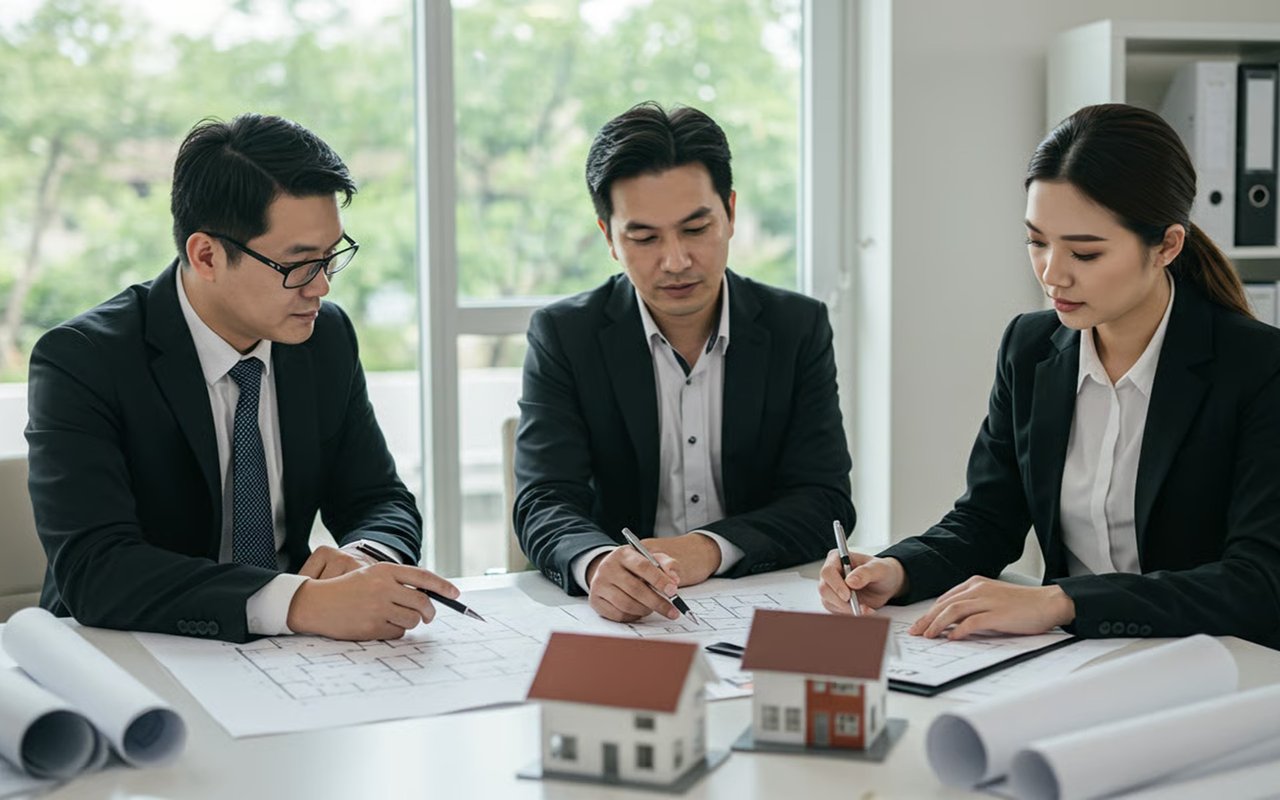 Three people review house plans beside two model homes.