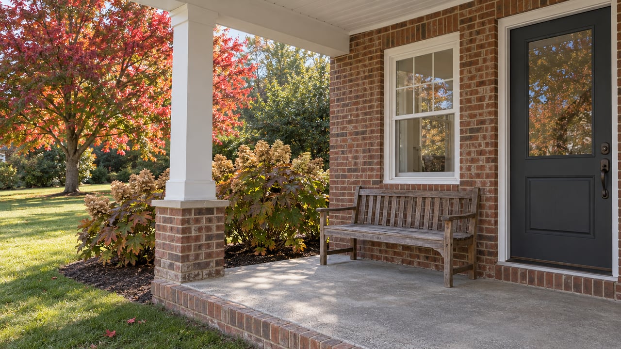 Covered brick porch with a charcoal door, oak bench and autumn maple beyond a broad front lawn.