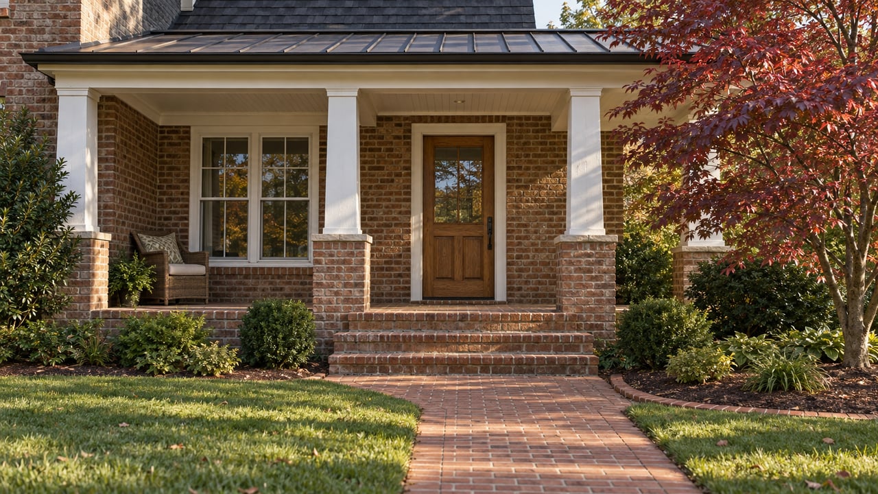 A warm brick home with a covered porch, oak entry door, brick steps and an autumn dogwood beside the lawn.