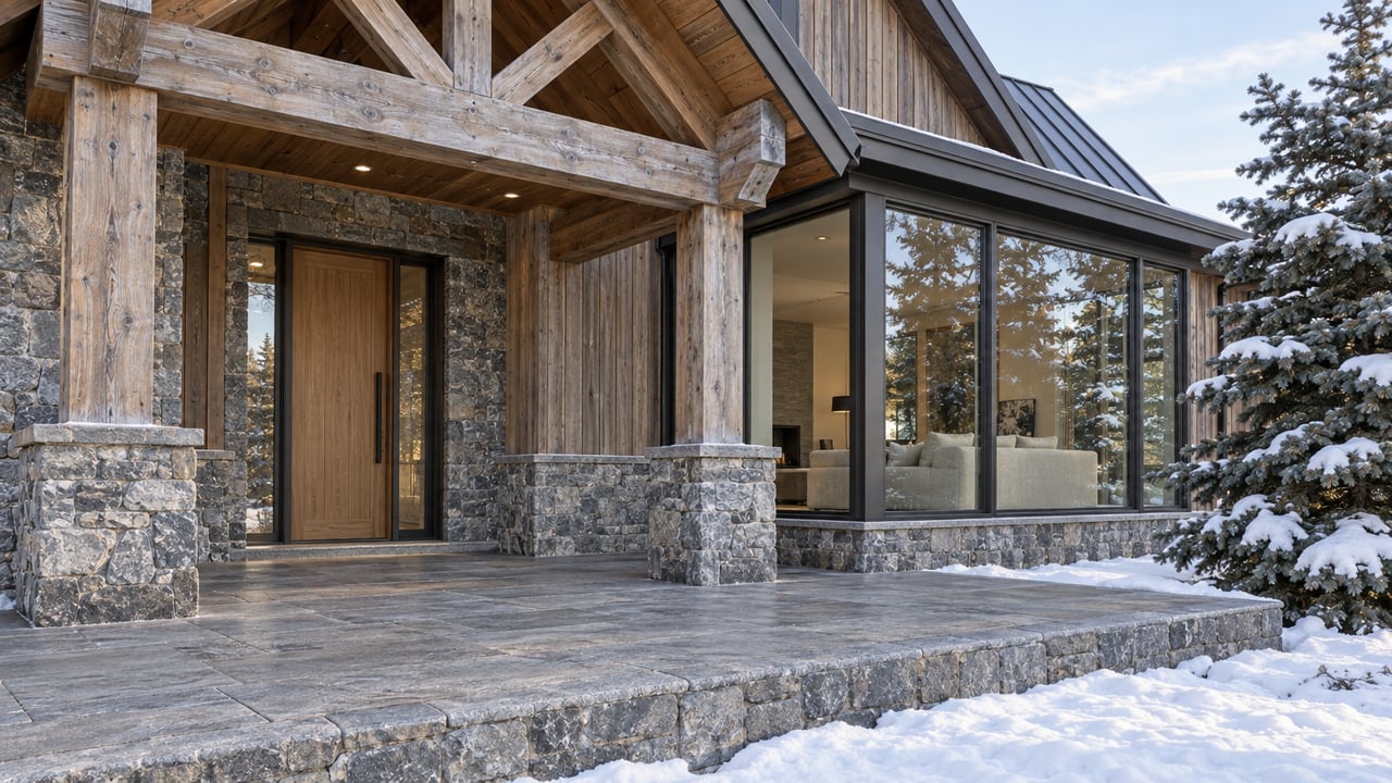 Timber-gabled entry with gray stone paving, bronze-framed glazing and a snow-laden spruce beside a contemporary lodge home.