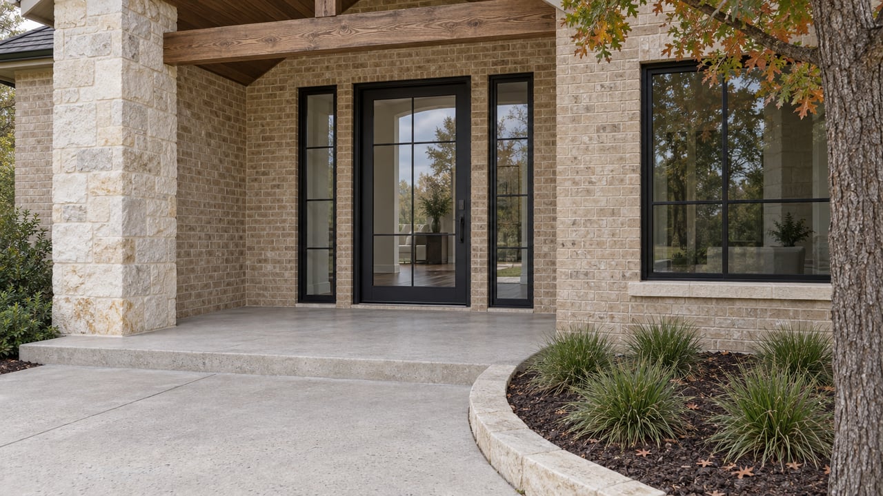 Oblique view of a brick and limestone home entrance with a black-framed glass door, oak porch beam and curved planted bed.