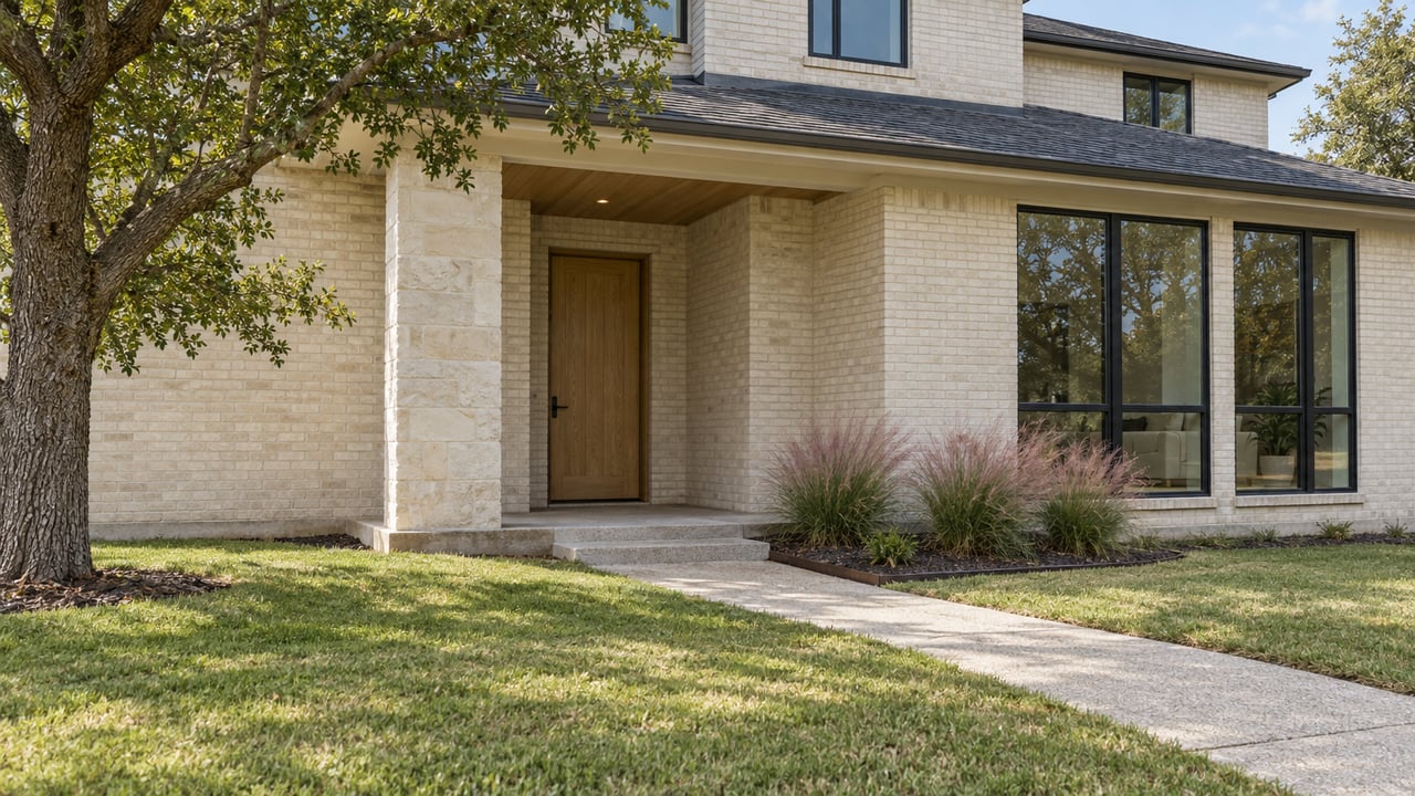 Light brick home with a recessed oak entry, tall dark-framed windows and a concrete walk crossing a deep lawn.
