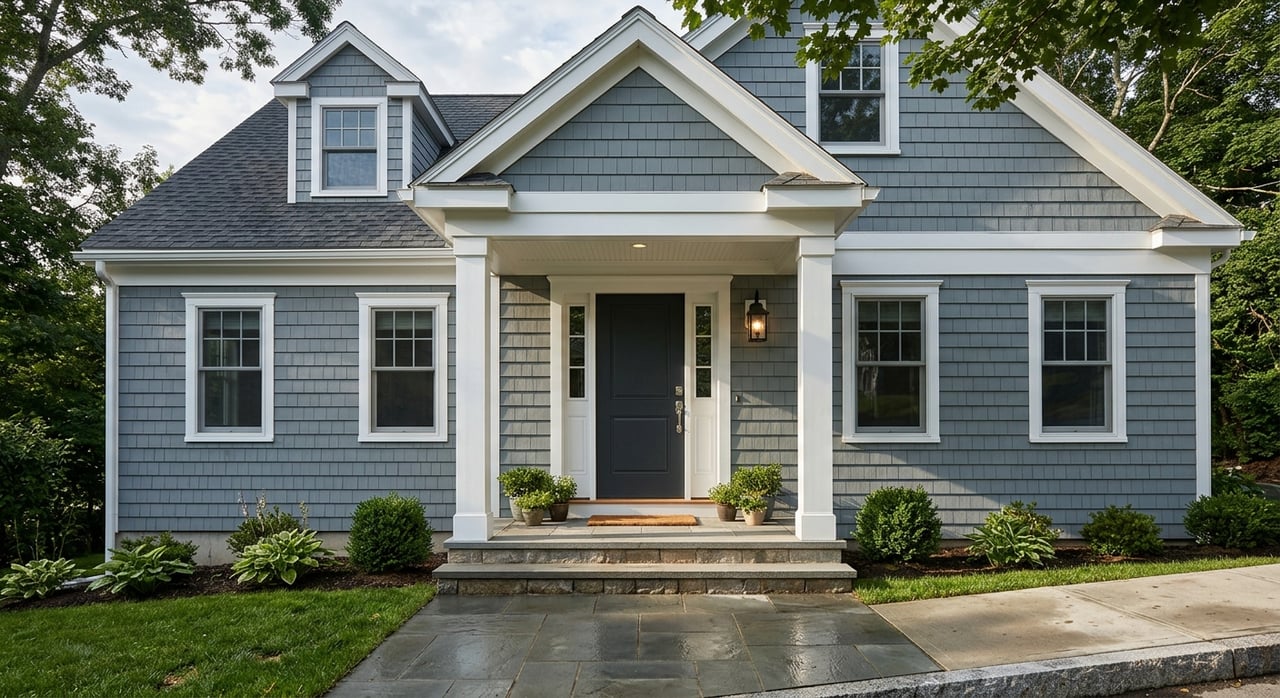Shingled home entrance with bluestone steps, charcoal shutters, leafy canopy, and clipped garden beds.
