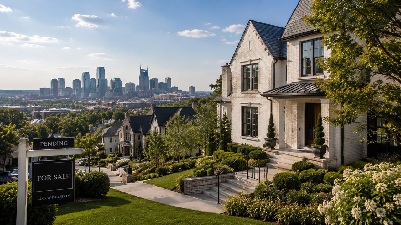 Luxury home for sale in Nashville overlooking the downtown skyline, representing the competitive market for high-end real estate and desirable properties in Nashville, Tennessee.