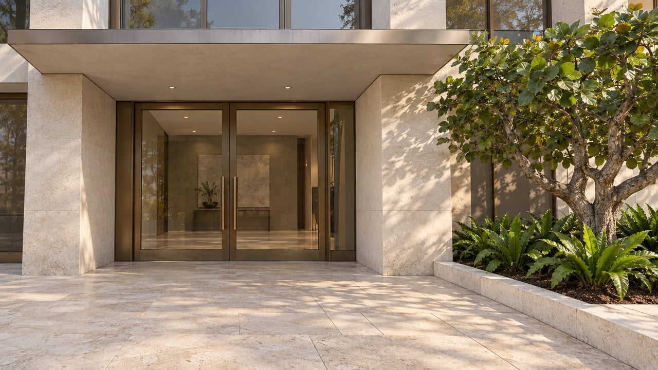 Pale stone condominium entrance with bronze-framed glass double doors, a deep canopy and sculptural sea grape planting.