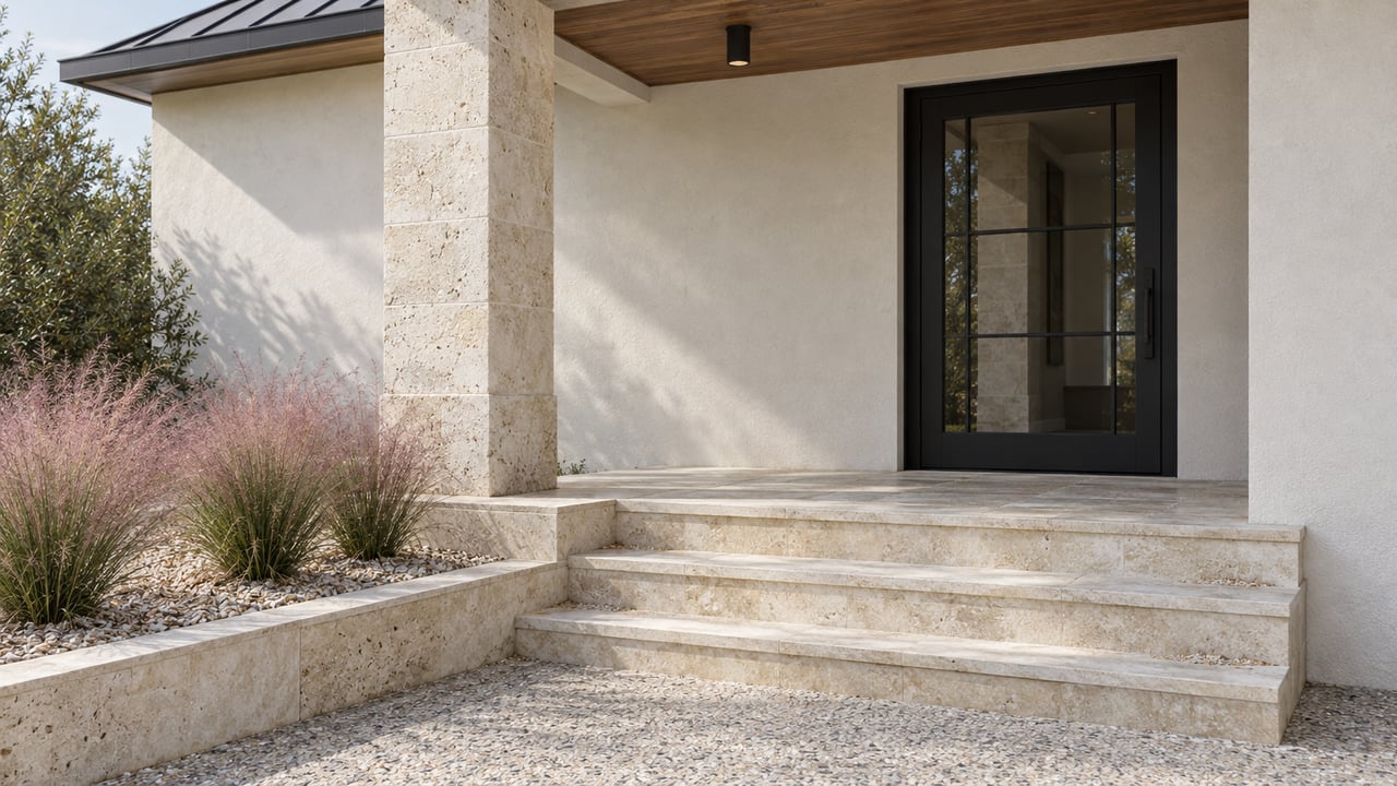 A sheltered pale-stucco home entry with limestone steps, a dark glazed door and pink muhly beside a shell-aggregate approach.
