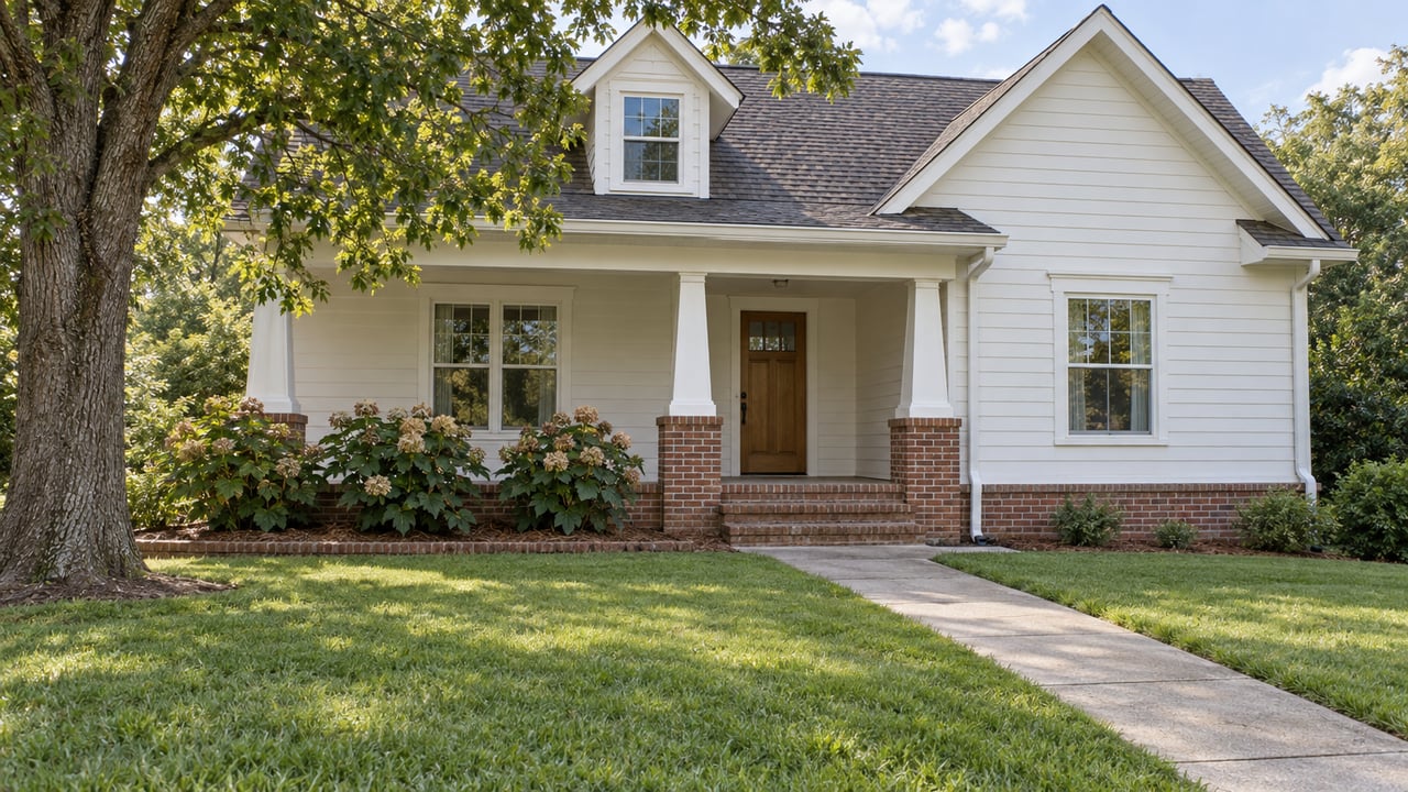 White lap-sided and red-brick home with a covered porch, deep green lawn, and oakleaf hydrangeas beside the front walk.