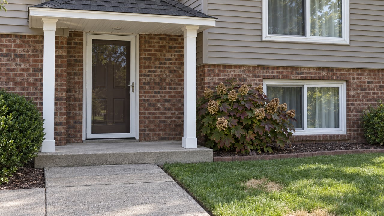 A modest split-level entrance with a closed storm door, weathered red-brown brick, taupe siding and a concrete walk beside an oakleaf hydrangea.