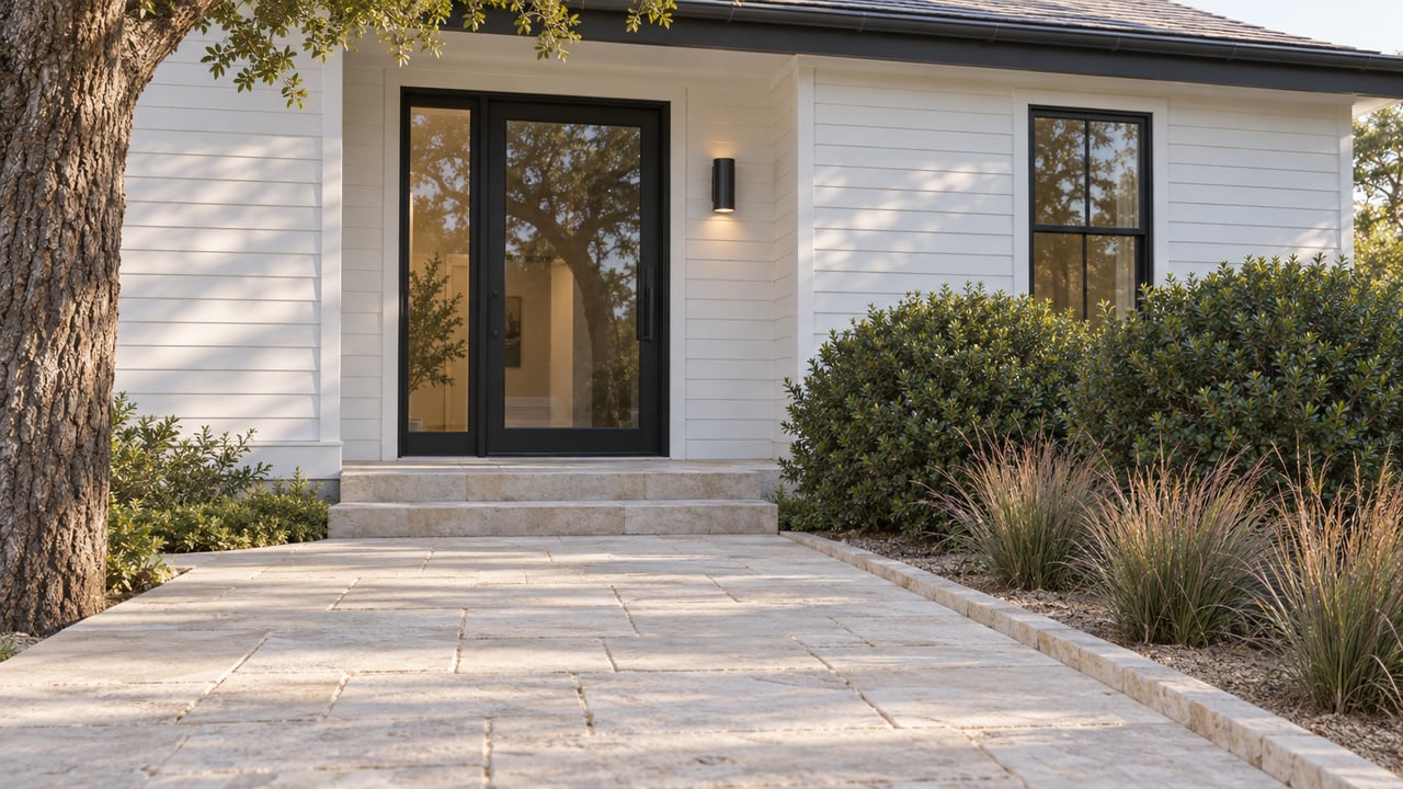 Recessed glass entry in a white cedar-clad house, beside limestone pavers and coastal shrubs.