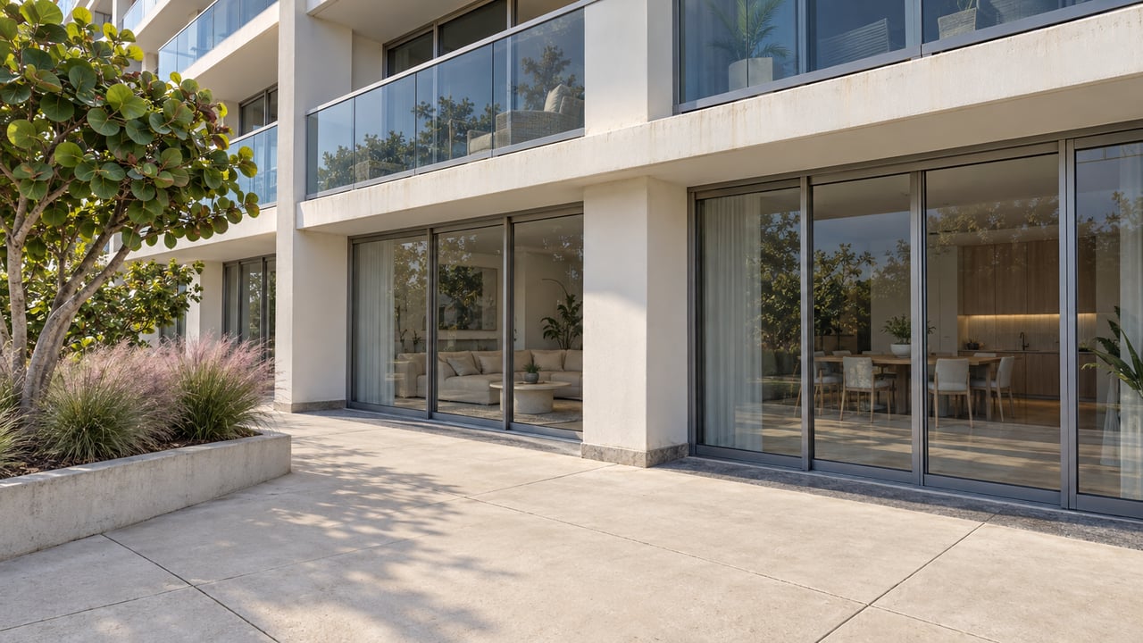 Coastal condominium with glass balconies, sliding doors, and a broad concrete walkway beside a leafy planter.