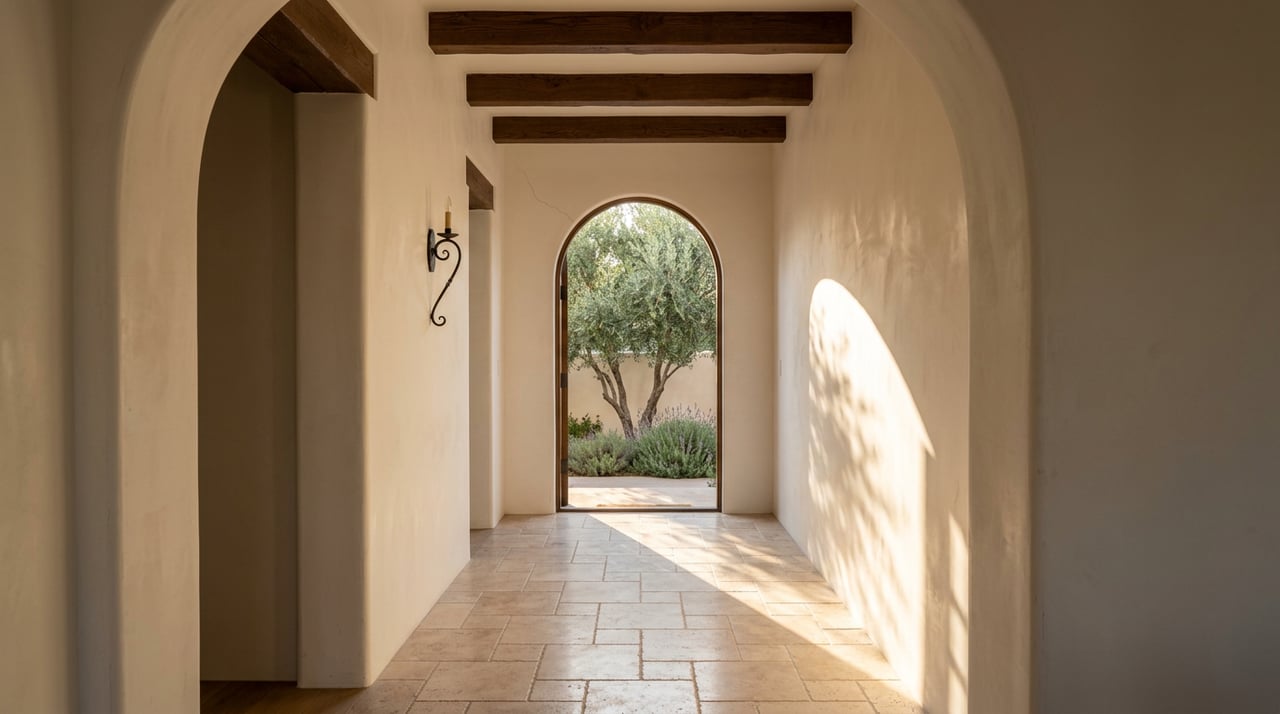 Travertine hallway leading to an arched courtyard doorway, with oak beams, an olive tree, and lavender beyond.
