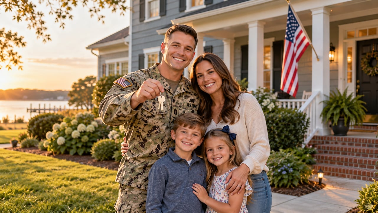 Navy service member holds up house keys beside his family outside their home.