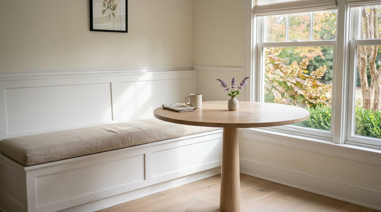 Breakfast nook with an oatmeal-cushioned bench, pale oak table, purple flower stems, and autumn foliage beyond the window.
